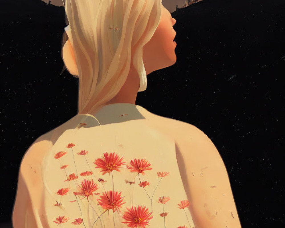 Person with flowers on back gazing at starry sky, distant figures on hill