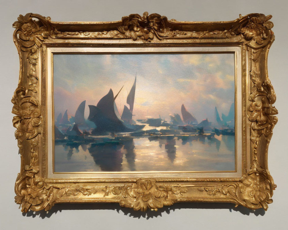 Golden Frame Surrounding Sailboats Painting on Tranquil Waters