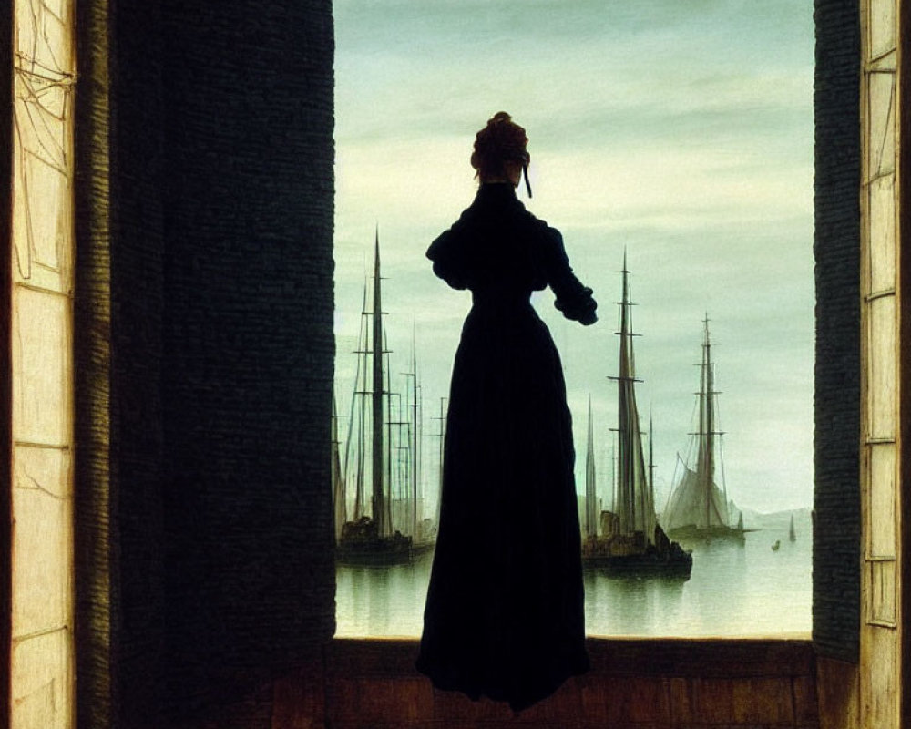 Silhouette of woman between columns overlooking harbor with tall ships