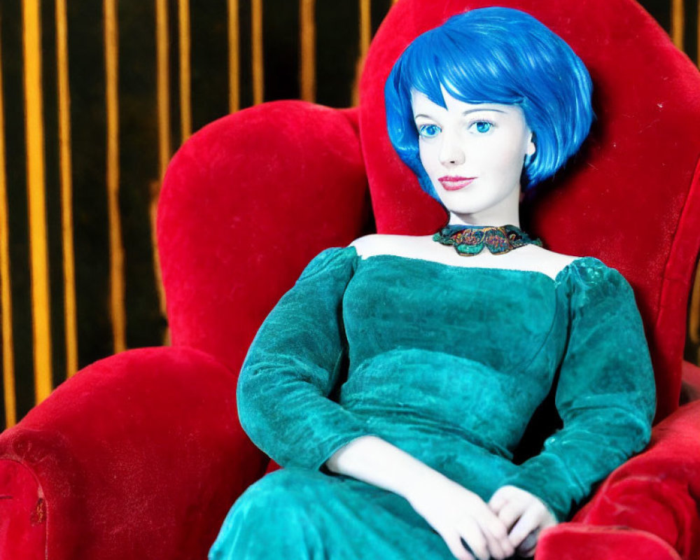 Blue-haired person in green dress on red chair against striped background