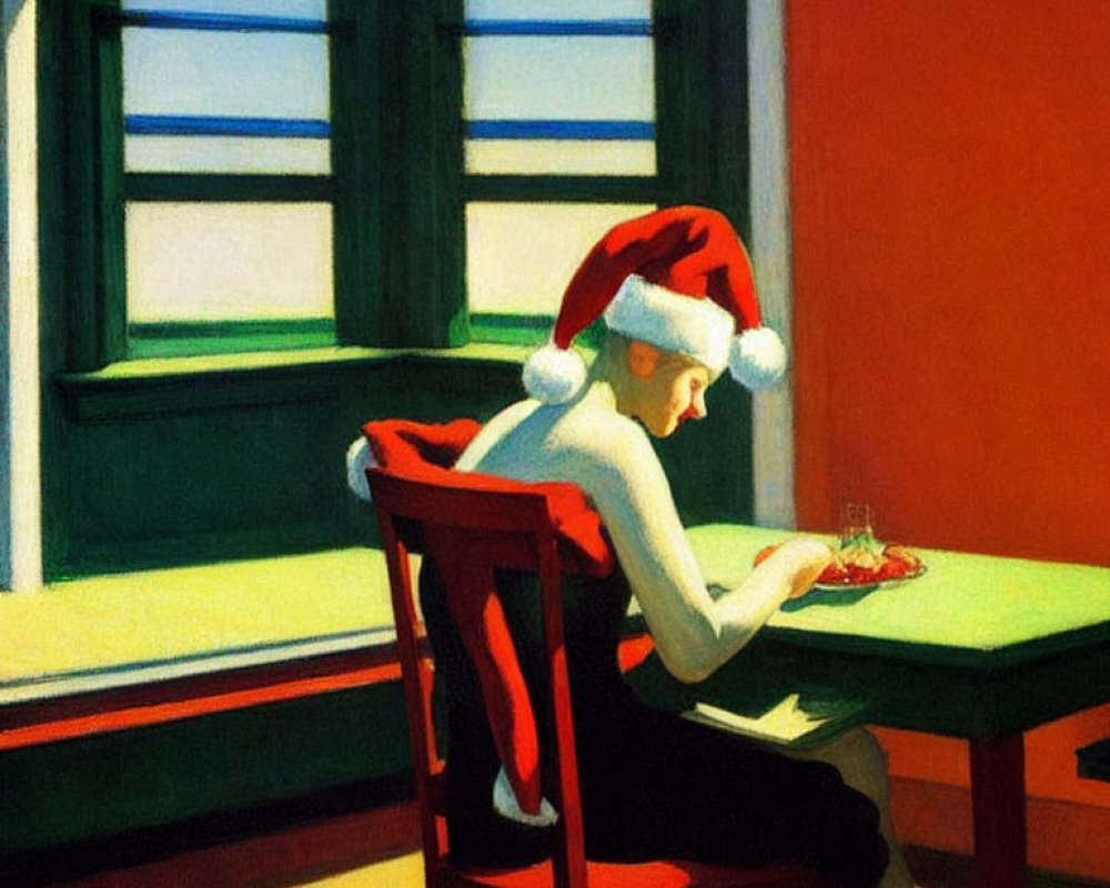 Person in Santa Hat Reading Card by Window with Red Background