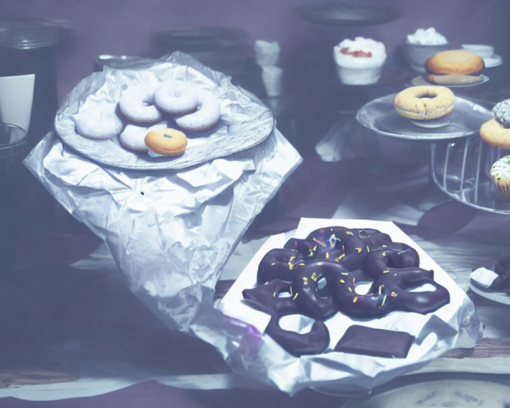 Assorted donuts with various toppings on vintage-themed table