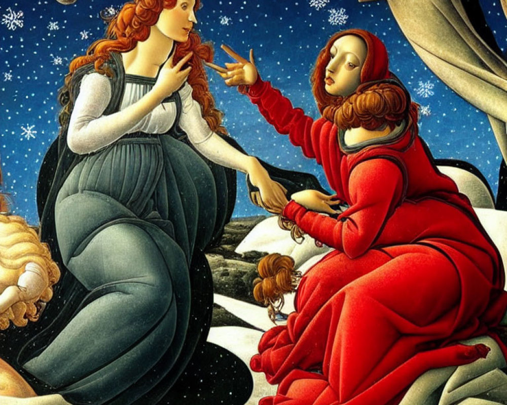 Renaissance painting of two women under starry sky in peaceful interaction