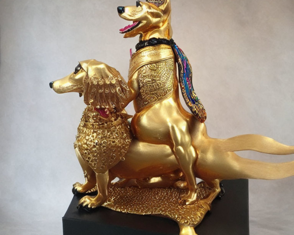 Golden sculptures of two dogs with intricate harnesses on pedestal