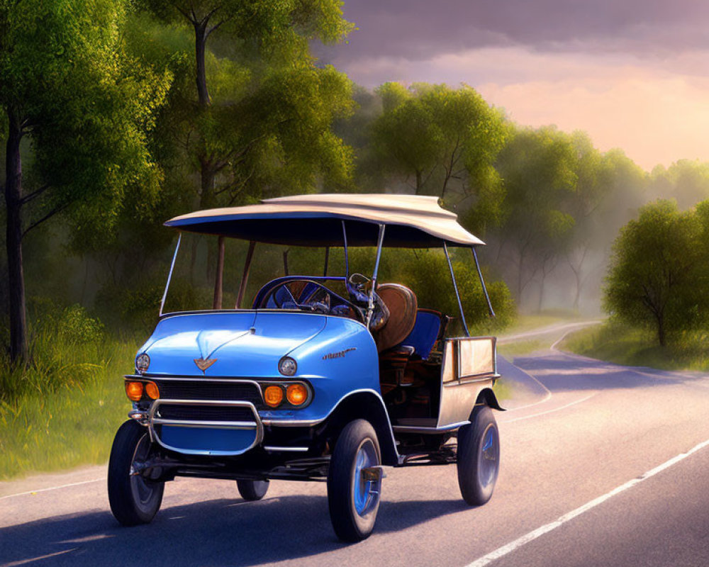 Blue Classic Car Converted into Golf Cart on Sunlit Road