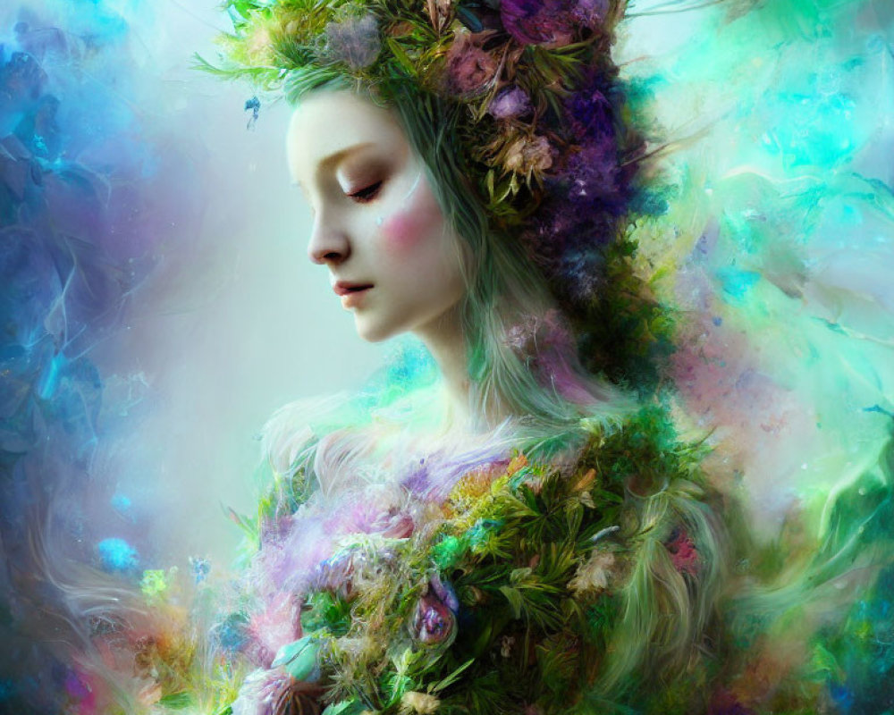 Ethereal woman with flower wreath in mystical mist