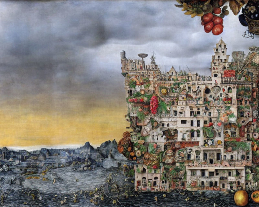 Fantastical painting of tower-laden cityscape with fruit trees against stormy backdrop