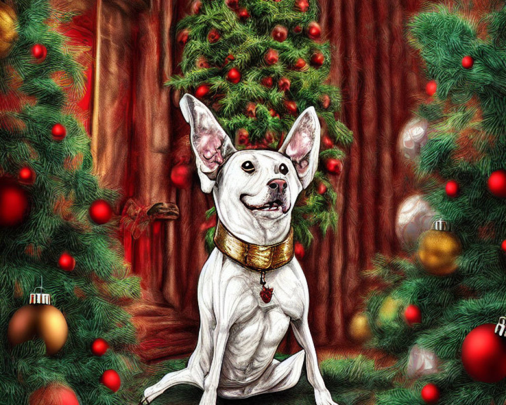 White Dog with Gold Collar Sitting by Christmas Tree and Ornaments