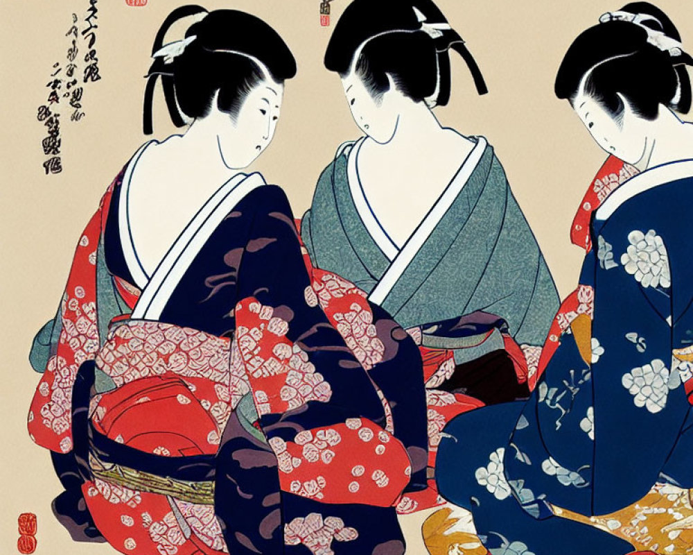 Traditional Japanese Kimono Artwork with Three Women in Classical Style