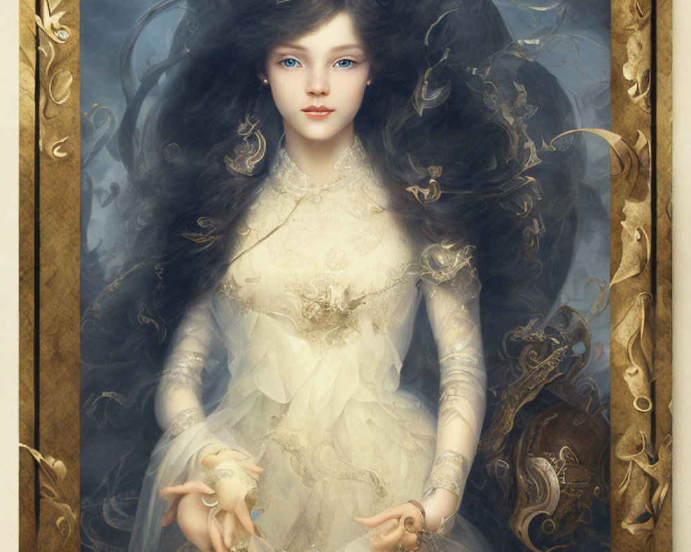 Portrait of a girl with dark hair and blue eyes in white dress with gold accents