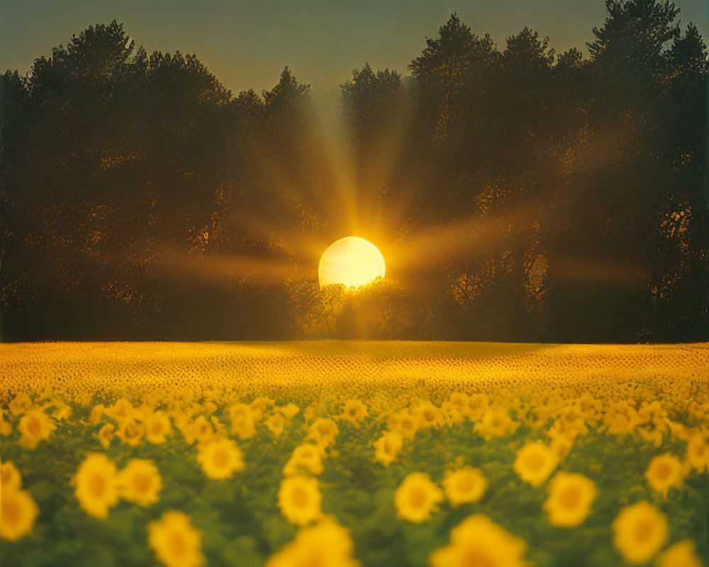 Vibrant sunset over forest with sunflower field.