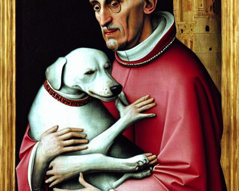 Religious man with dog and tower in painting