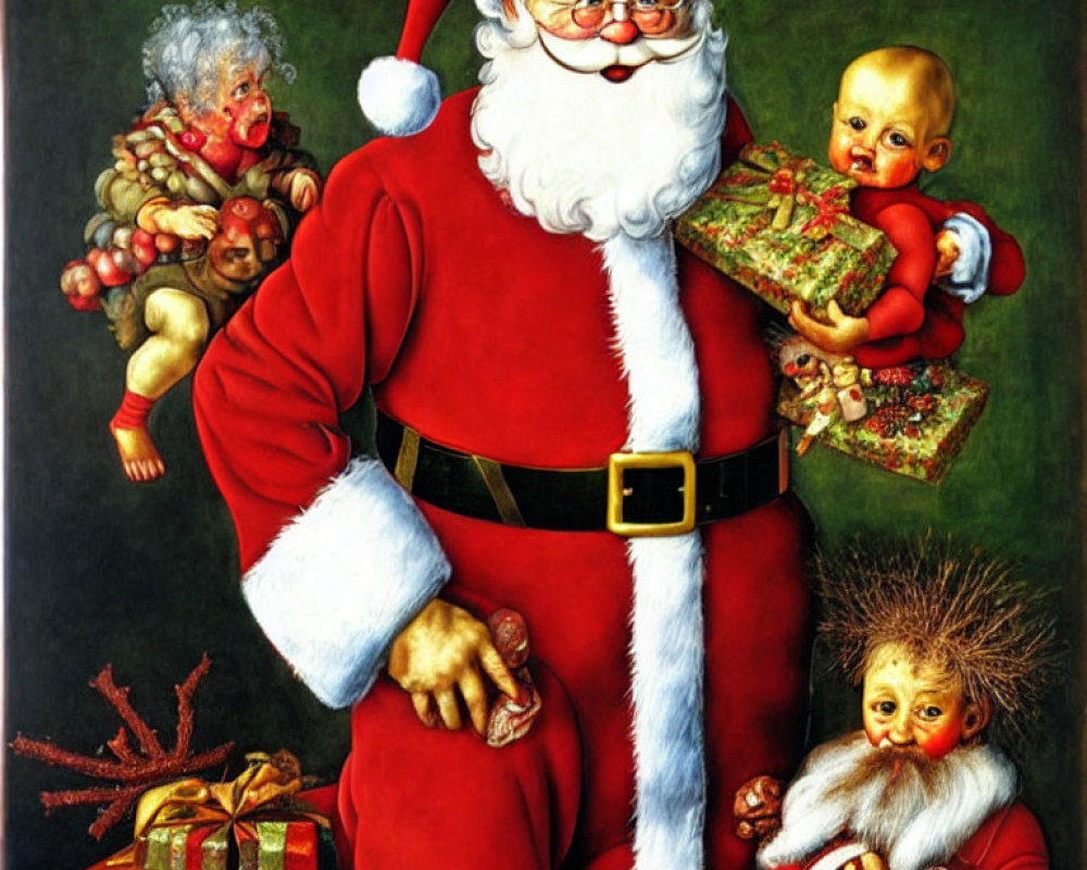 Santa Claus with baby, surrounded by whimsical elves offering gifts and candy cane