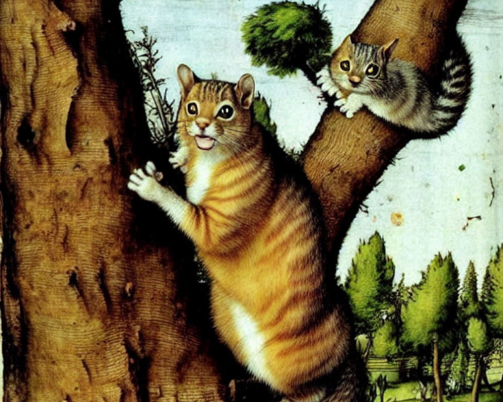 Exaggerated features of two squirrels on a tree trunk in a stylized forest