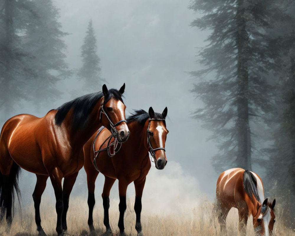 Misty forest scene with three horses, pine trees, and bridles