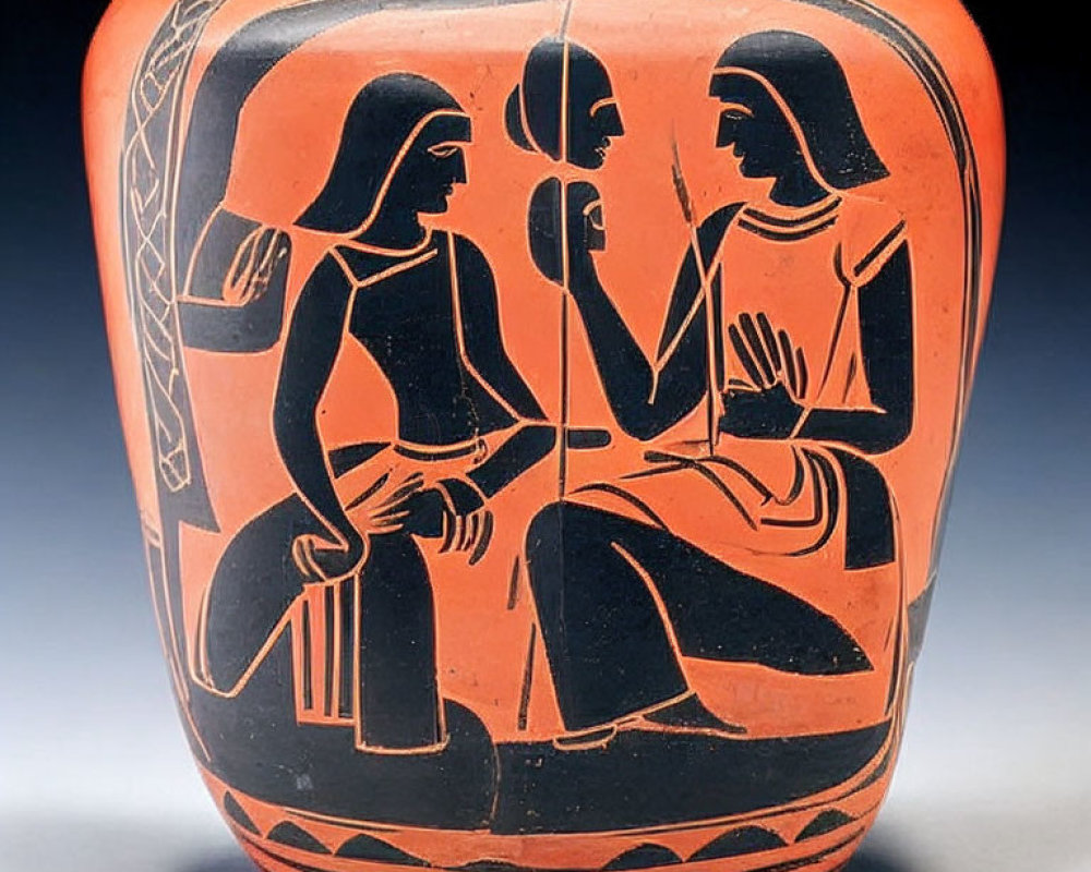 Ancient Greek black-figure vase with three figures in conversation