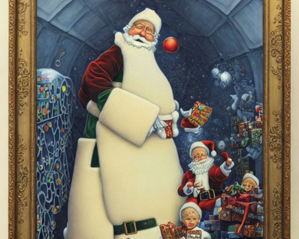 Santa Claus painting in workshop with toys and elves for holiday preparations