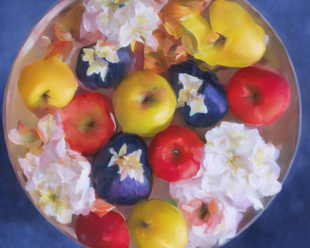 Vibrant still life painting with bowl of fruit on blue background