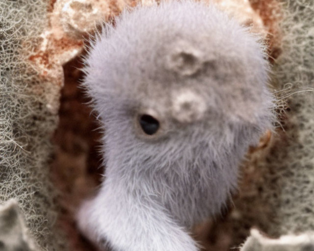 Fluffy grey bird chick peeking from speckled hole