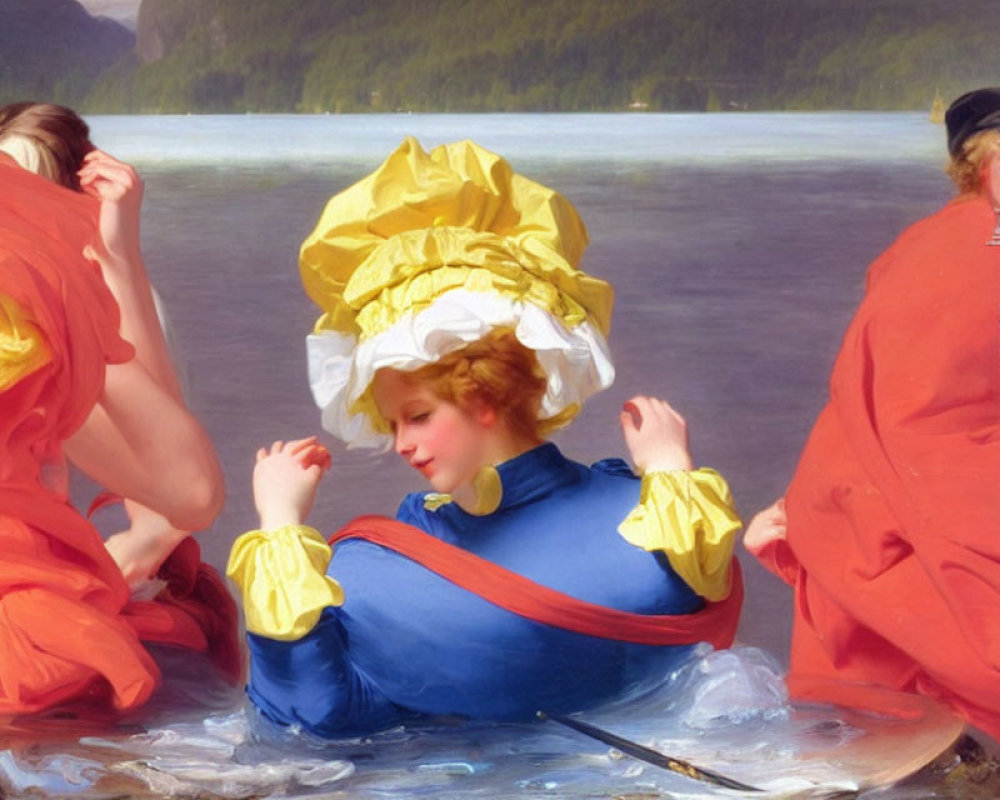 Classic Painting: Three Women by Water, Central Figure in Blue and Yellow Hat, Flanked by Two