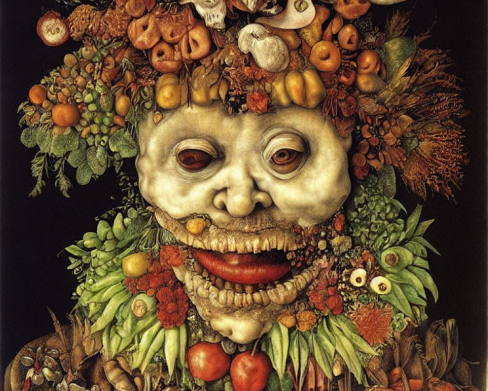 Detailed still-life painting: face composed of fruits, vegetables, flowers, and animal parts