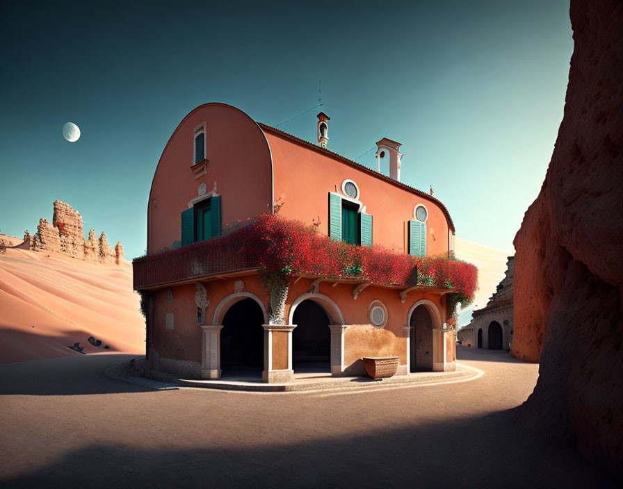 Terracotta house with green shutters and red flowers under clear blue sky.