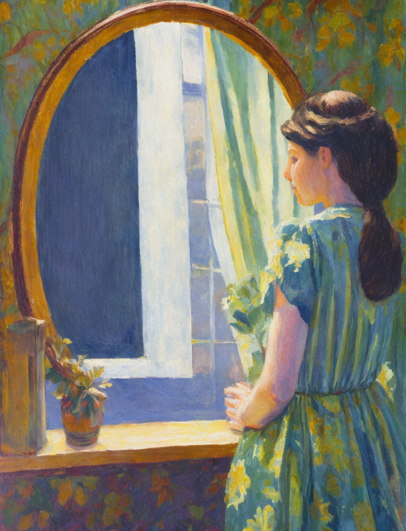 Woman in Blue Floral Dress by Arched Window with Flowers and Sunlight