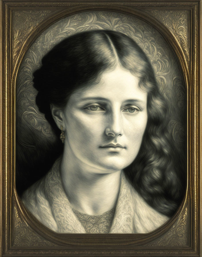 Vintage Monochromatic Portrait of Woman with Wavy Hair in Ornate Oval Frame