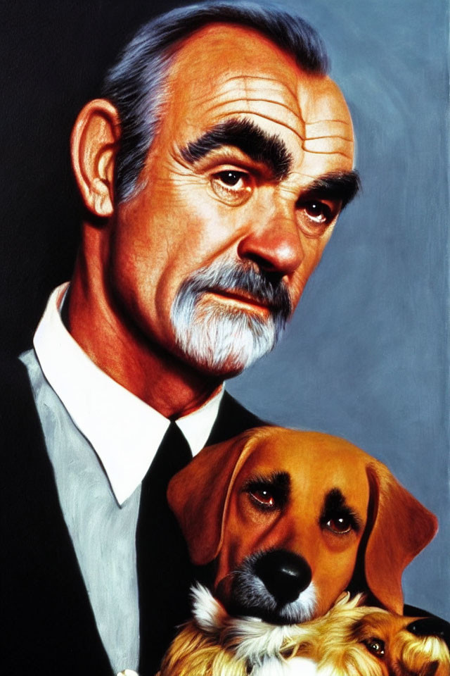 Elderly man with white mustache and dogs in black suit