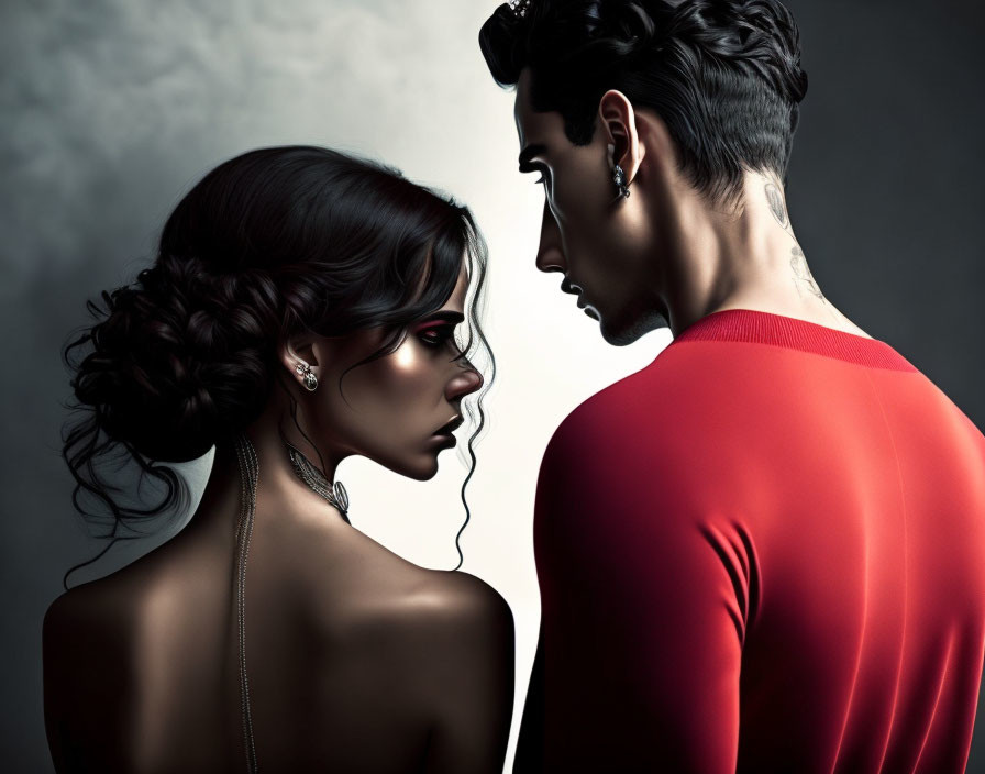 Man and woman profiles close, facing away on grey background