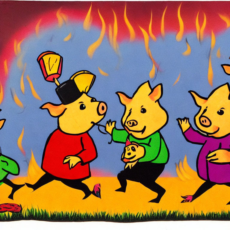 Animated pigs with lantern, scared frog, and doll in fiery field