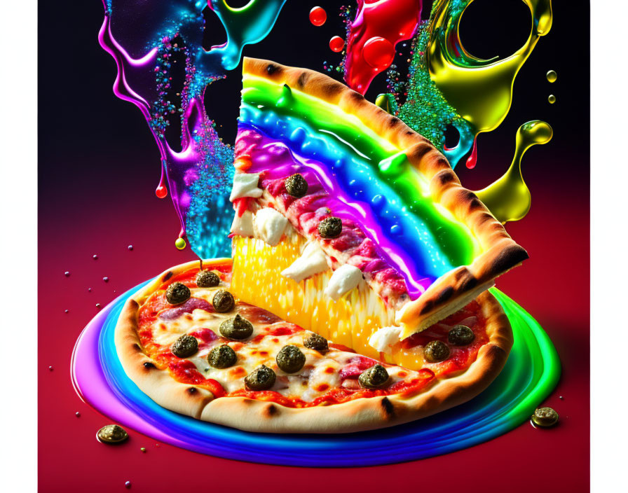 Colorful Paint Splashes Enhance Pizza Slice Aesthetic