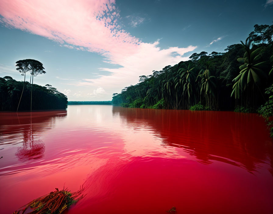 Tranquil crimson river in lush tropical jungle at dusk