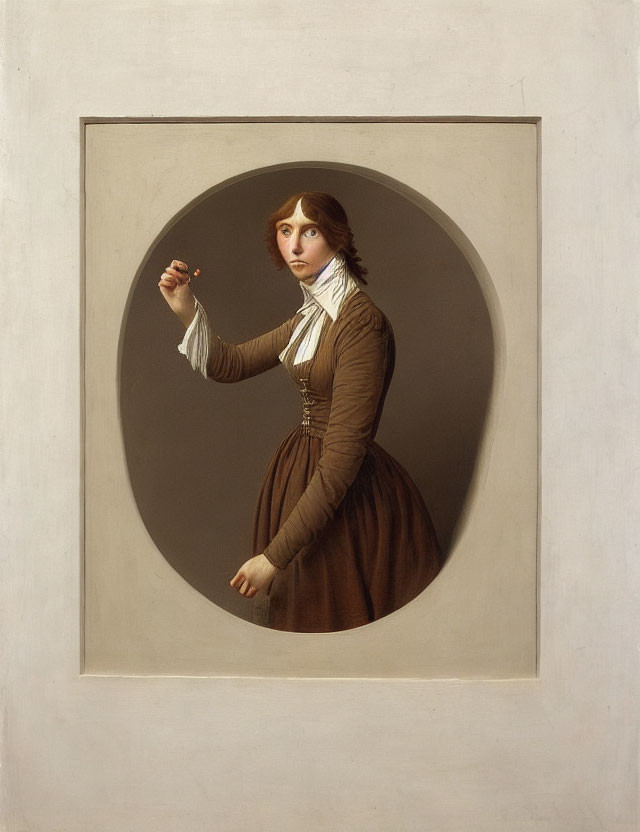 Classic Painting of Woman with Auburn Hair in Brown Dress and White Collar in Round Frame