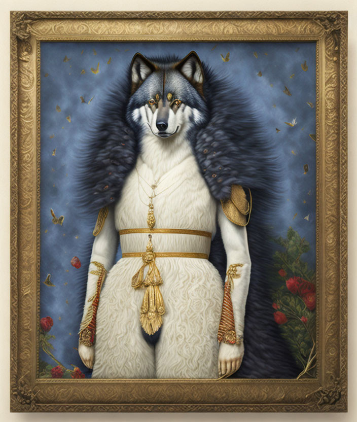 Regal anthropomorphic wolf in ornate attire against starry background