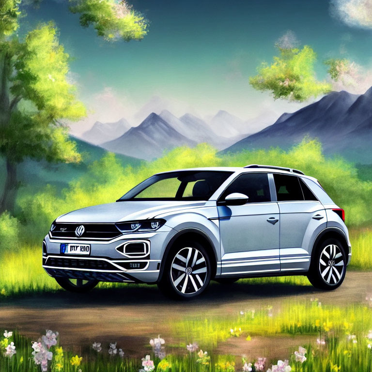 Blue SUV in Vibrant Green Field with Colorful Flowers and Mountain Backdrop