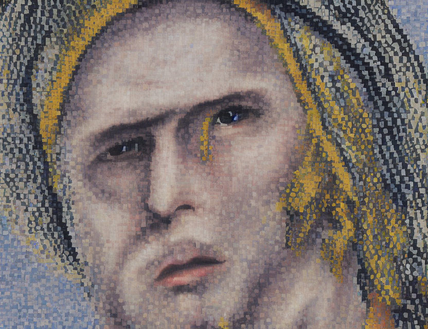 Solemn Expression Mosaic Artwork in Blues, Yellows, and Peach Tones