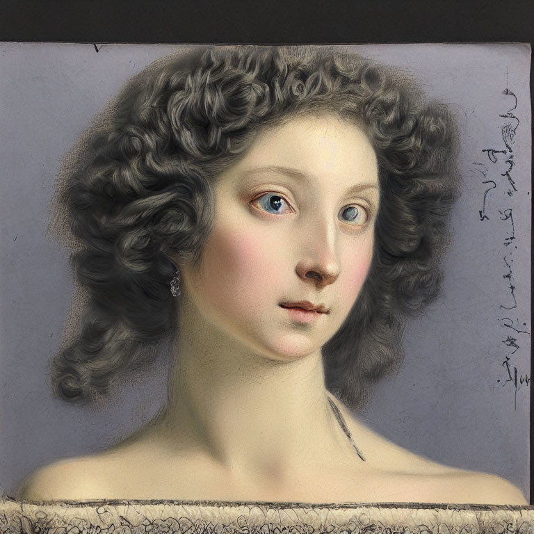 Young woman portrait with curly hair, blue eyes, and rosy cheeks on grey background.