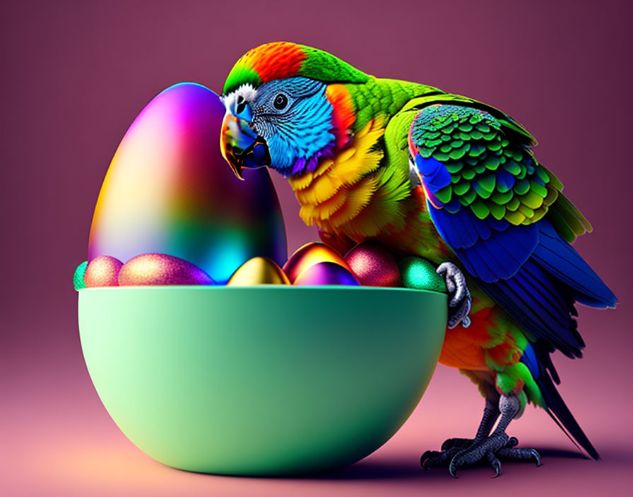 Vibrant parrot on bowl of multicolored Easter eggs against purple backdrop