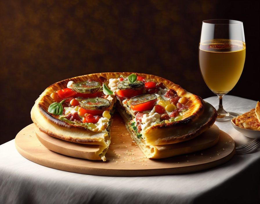 Pizza slice with tomatoes, cheese, basil, and white wine on table