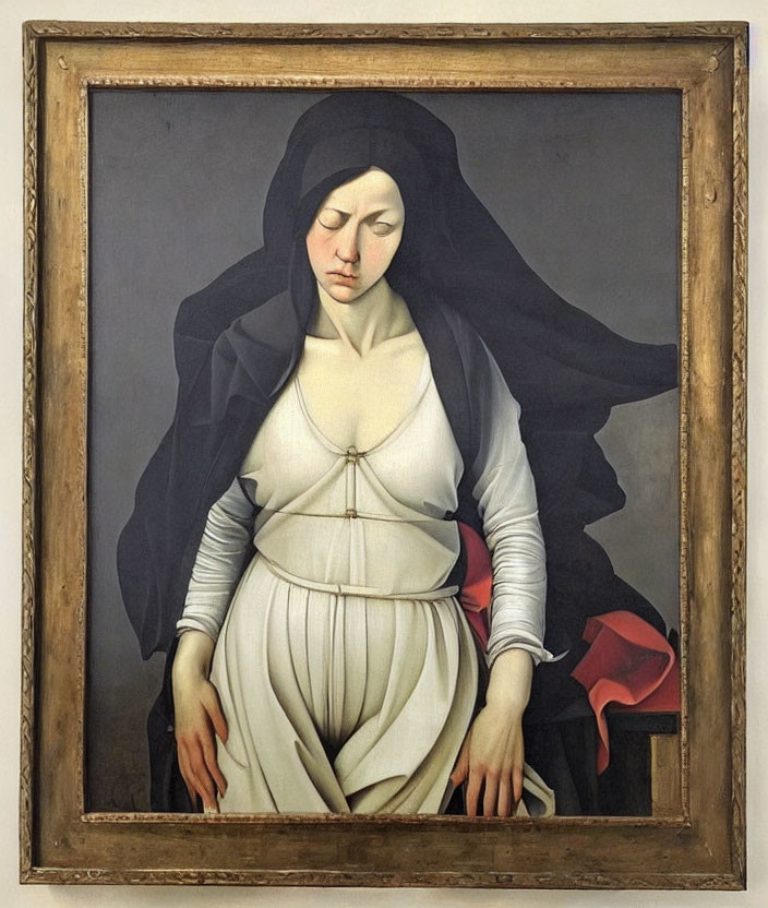 Sorrowful woman in white gown and black veil oil painting on aged wood frame