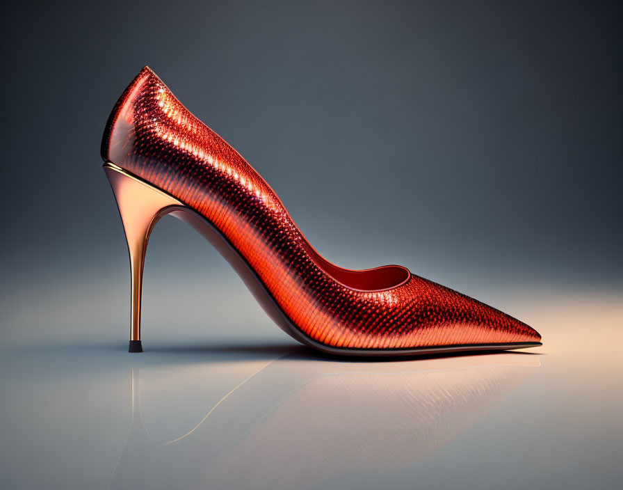 Red Glossy High-Heeled Shoe on Reflective Gray Background