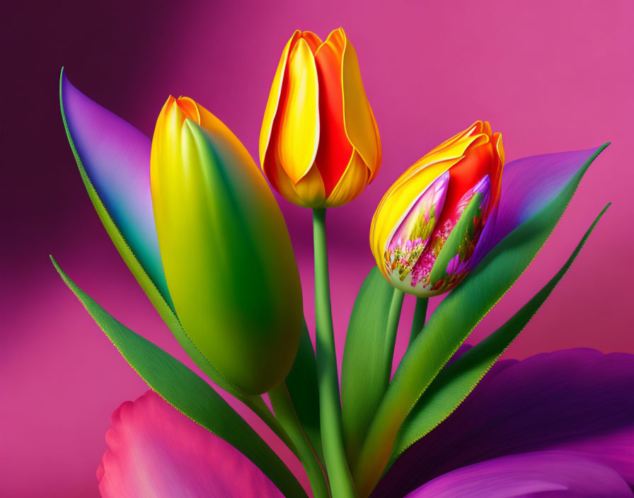 Colorful Tulips on Magenta Background: Yellow, Orange, and Pink Blooms