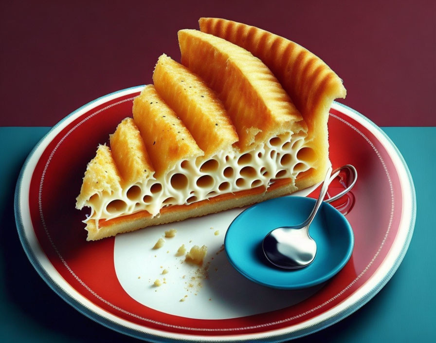 Surreal pie slice with bone-like crust on colorful plate