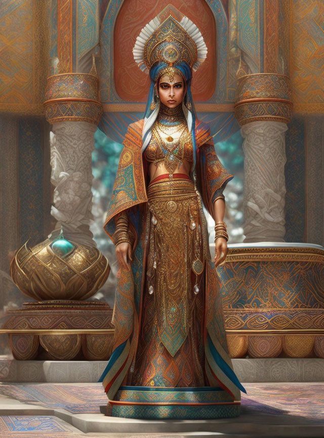 Regal woman in traditional attire with gold and turquoise hues in ornate temple setting