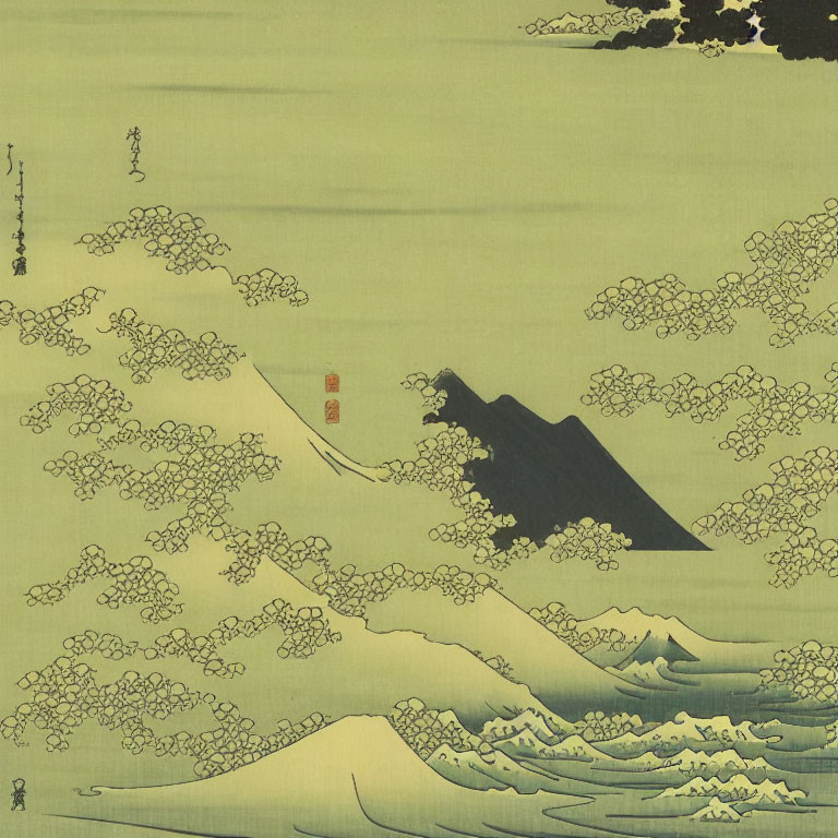 Japanese woodblock print: Wave & Mt. Fuji under beige sky