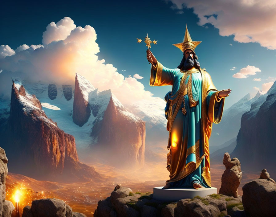 Bearded figure in ornate robes with star-tipped staff in fantastical landscape