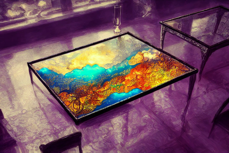 Colorful Artistic Table Centerpiece in Purple Room with Glass