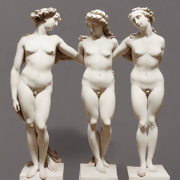 Three classical-style statues of women with intricate hair and serene expressions, casually touching hands on a neutral backdrop