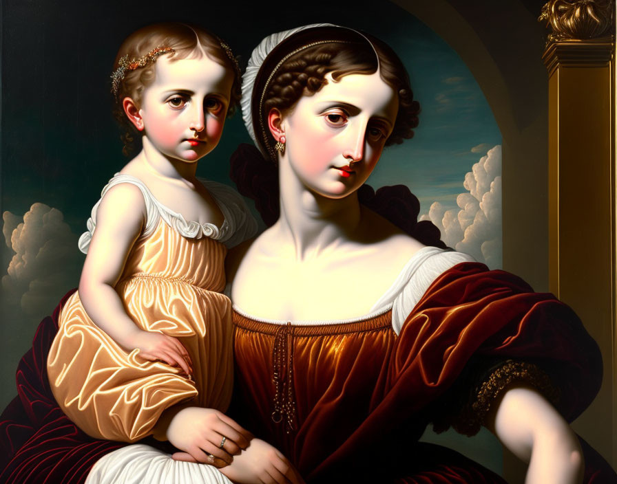 Classic Painting of Woman and Child in Red-Brown and White-Orange Dresses